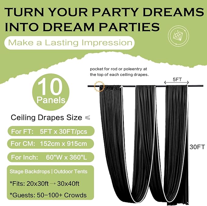 PartyVillage 10 Panels 5ftx30ft Black Ceiling Drapes for Halloween Parties – 30 FT Extra Long Thick Polyester Wrinkle-Free Drapery Tent Decor Decorations for Birthday Party Ceremony Stage Swag
