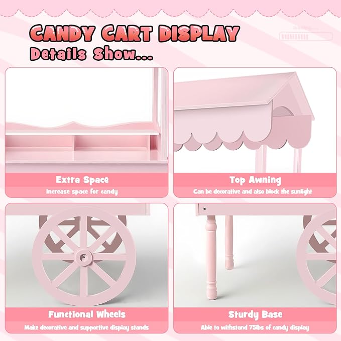 7FT Candy Cart Display Stand with Decorated Wheels, Dessert and Party Decoration Cart with 100 Ballons, Easy to Install Vintage for Parties, Birthdays, Weddings, (pink)