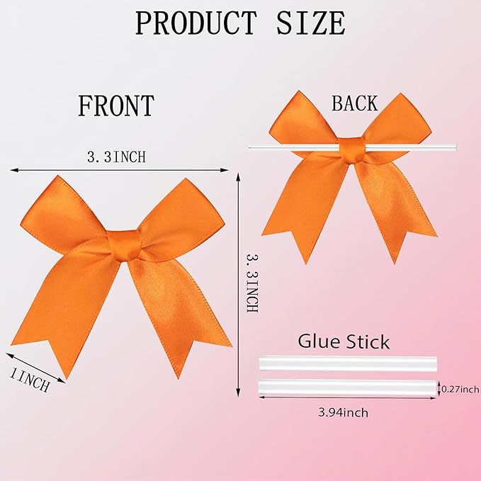 50 PCS Twist Tie Bows Satin Ribbon Bows 3.3 Inch Gift Wrap Bows Craft Bows for Gift Wrapping, Party Decorations Gifts Bag DIY Treat Bags Wedding Decor Baby Shower Christmas (Orange)