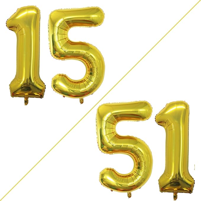 GOER Number 15 Balloons for 15th Birthday Sweet 15 Party Decorations,42 Inch Jumbo Foil Helium 51 Balloons for 51st Birthday Party Decoration (Gold)