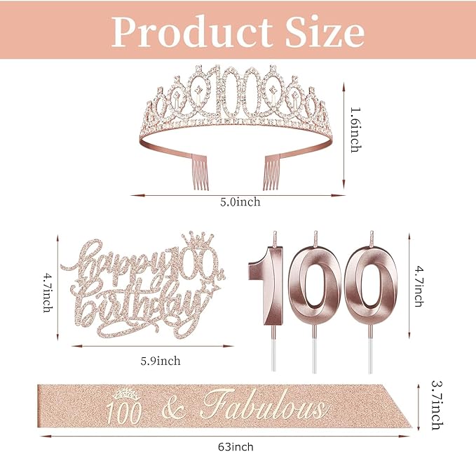 100th Birthday Decorations Women, Including Birthday Crown/Tiara, Sash, Cake Topper and Candles, Gifts for 100 Year Old Woman