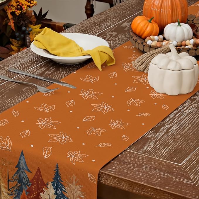 GEEORY Fall Watercolor Trees & Maple Leaves Table Runner 13x120 Inch, Rustic Farmhouse Autumn Thanksgiving Decor for Kitchen, Dining, Indoor/Outdoor Holiday Dinner Party Orange GT158-120