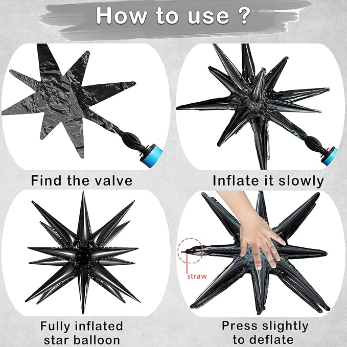 6 Pcs Explosion Star Foil Balloons- 12 Point Star Balloons,Black Spike Balloon and 10Pcs Four Pointed Balloon for Party Supplies Christmas Birthday Wedding Photo Booth