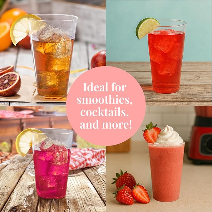 Prestee 100 Clear 14 Ounce Plastic Cups - Hard Plastic Disposable Tumblers for Wine, Cocktails, Water, and Beer - Sturdy Large Clear Cups for Parties, Weddings, Events - Reusable or Disposable