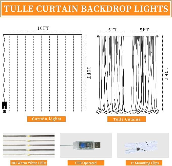 10x10ft Lavender Tulle Backdrop Curtain with Fairy Lights, Wrinkle-Free Sheer Wedding Backdrop for Birthday Parties, Baby Showers, Bridal Showers, Photo Shoots and Home Decorations, Lavender