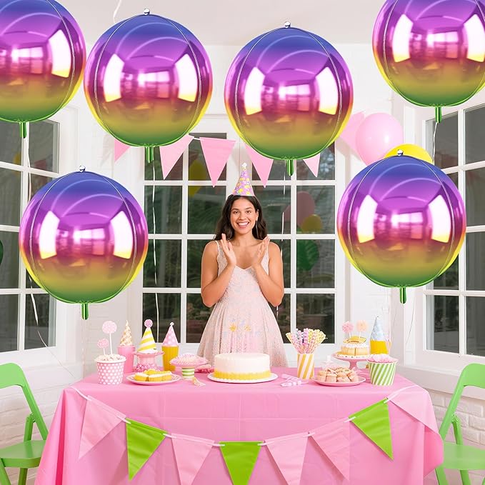 6Pcs Gradient Rainbow Round Foil Balloons, 22" Large Helium Colorful Ball Balloon, Metallic Multicolor Iridescent Mylar Balloon for Birthday Graduation Wedding Anniversary Disco Prom Party Decorations