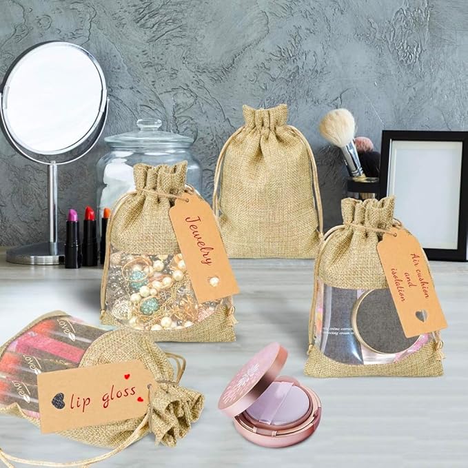 GIOIPC 50Pcs 8 x 12 Inch Linen Burlap Sheer Bags with Drawstring and Bonus Gift Tags for Wedding Birthday Bag,Craft Bags,Cosmetic Samples