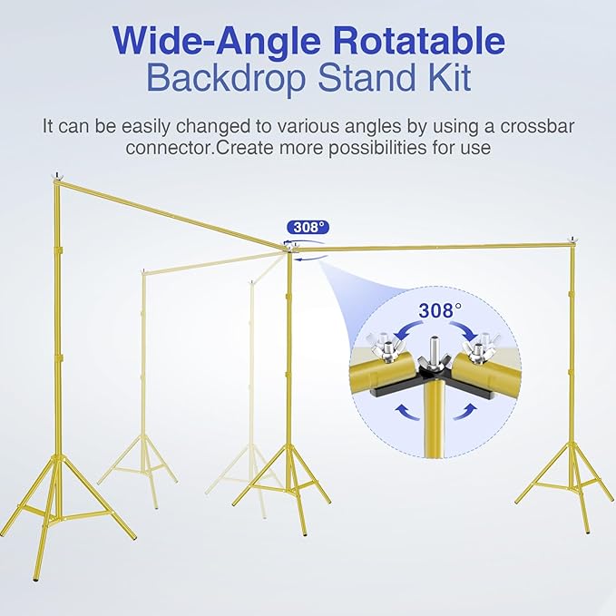 EMART Backdrop Stand, 20x7ft(WxH) Large Adjustable Background Support System with 308° Angle Rotatable Connector, 8 Clamps, 3 Sandbags and Carry Bag for Paties, Wedding, Photography -Titanium Gold