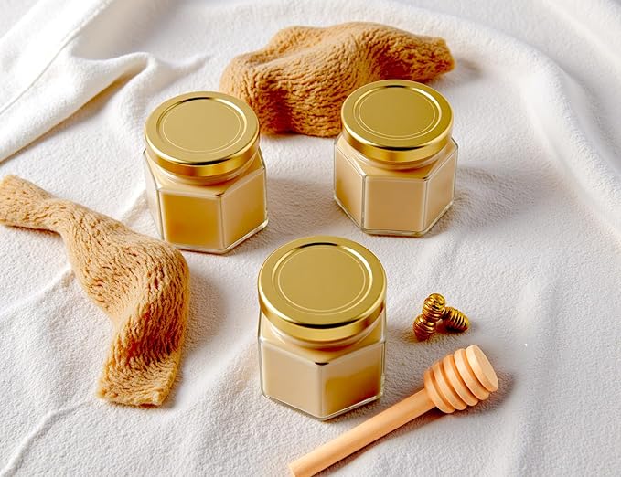 Adabocute Honey Pot, Mini Glass Honey Jars with Wood Dipper, Gold Lid, Bee Charms, Gold Organza Bags, Thank-you Tags, Ideal for Baby Showers Wedding Favors Party Favors, 2oz 30 Pack