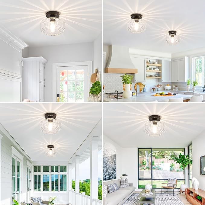 Semi Flush Mount Ceiling Light with Hexagonal Diamond Textured Glass, Matte Black Base & Includes 1200LM LED Bulb - Kitchen Lighting, Hallway Light Fixture, Bathroom Ceiling Light Fixture