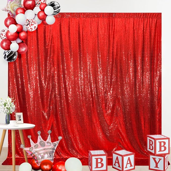 SquarePie Sequin Backdrop Curtain Not See Through Thick Glitter Background for Party 8FT x 10FT Red