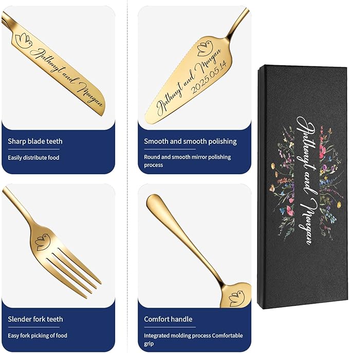 Personalized Wedding Cake Knife and Server Set, Custom Gold/Silver Cake Cutting Set for Wedding, 4 Pieces Set with Forks for Engagements, Anniversaries, Bride and Groom (Silver)