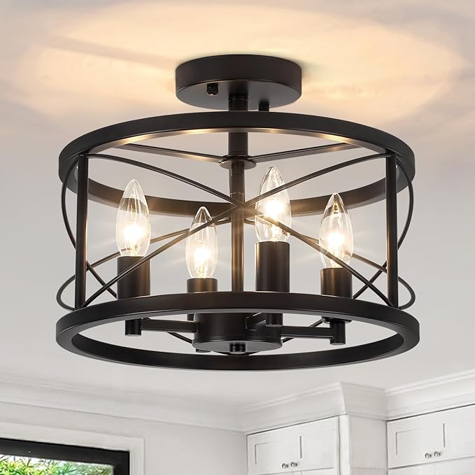 Black Semi Flush Mount Ceiling Light Fixture, 4-Light Farmhouse Modern Ceiling Light, Hallway Light Fixtures, Kitchen Lights, Ceiling Lamp for Entryway Dining Room Bedroom Laundry Lighting UL-Listed