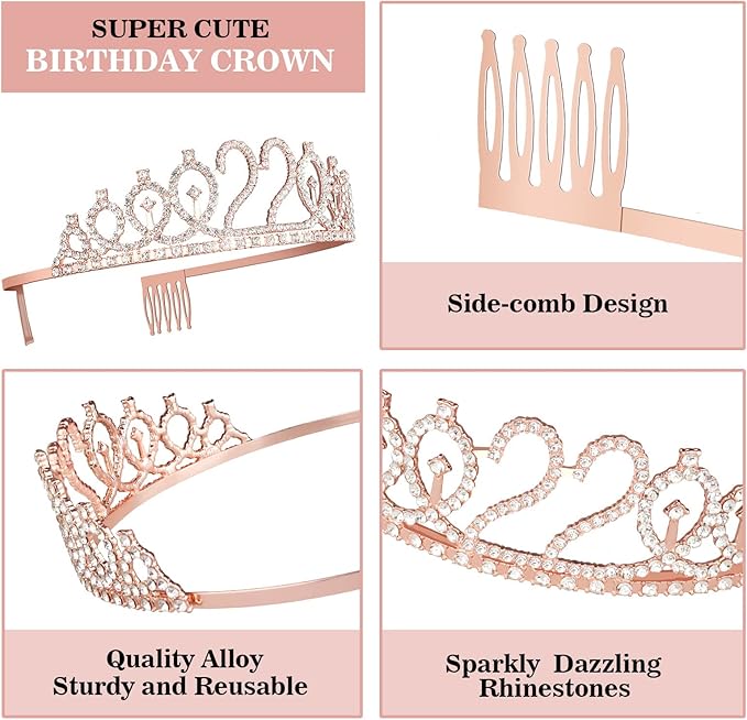 22 Birthday Decorations for Women Including Sash and Tiara, Cake Topper and Candles, 22nd Birthday Gifts for Women, Rose Gold Party Decor Supplies