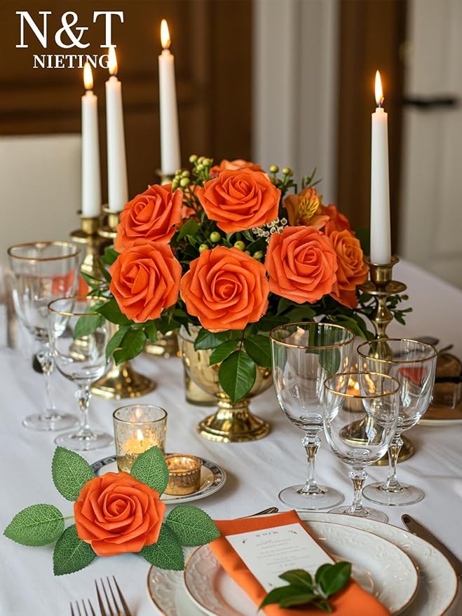 N&T NIETING Artificial Fall Flowers Fake Flowers Orange Roses Perfect for DIY Wedding Bridal Bouquets Centerpieces Bridal Shower Party Home Flower Arrangement Thanksgiving Decorations, 25Pcs