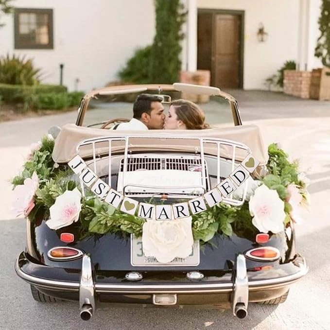 GuassLee JUST Married Banner Car Decorations, Gold Glitter Just Married Sign Garland for Bridal Shower Decorations, Photo Props and Car Decorations