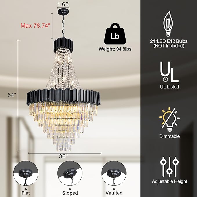 54" Luxury Long Crystal Chandelier for High Ceilings, 21-Light Modern Black Large Chandeliers for Staircase, Foyer, Entryway, Living Room, Hallway, Contemporary K9 Crystal Tiered Chandelier