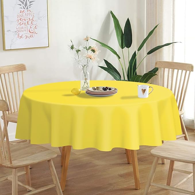 QIKSION Yellow Round Tablecloth 12 Pack, 84 Inch Plastic Table Cover Disposable for Parties
