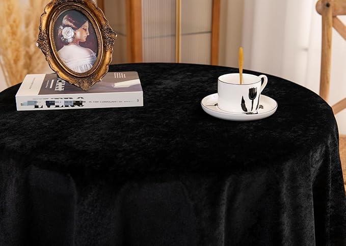 F-CHU Luxury Black Tablecloth Thickset Velvet Tablecloth with Beautiful Gold Tassels Vintage Table Cloth for Home Decor Wedding, Party, Banquet and Events 60" Round