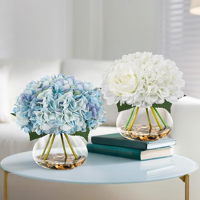 N&T NIETING Artificial Hydrangea Flowers with Vase White Fake Flowers with Rose Faux Hydrangea Flowers with Faux Water Real Stone for Home Office Table Room Wedding Centerpiece Decorations