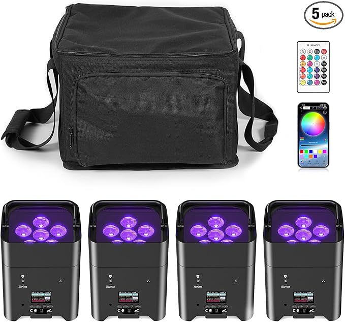 9600mAh Wireless Uplights, 6x18W RGBWA UV Stage Lights, APP/DMX512 Controlled Par Lights, Rechargeable Battery Powered Uplights for Show, 4 Pcs with Bag
