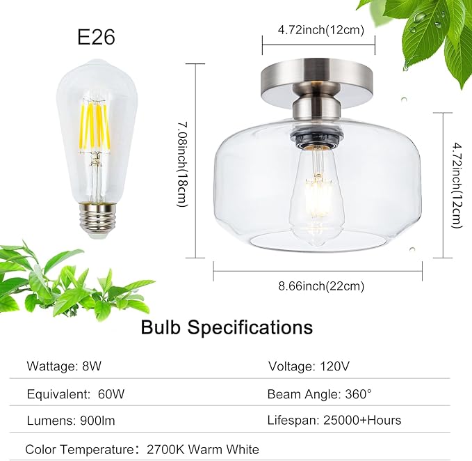 Semi Flush Mount Ceiling Light Fixture - Clear Glass & Brushed Nickel Base with 900 Lumen LED - Modern Kitchen Lighting Fixtures for Bathroom Hallway Entryway