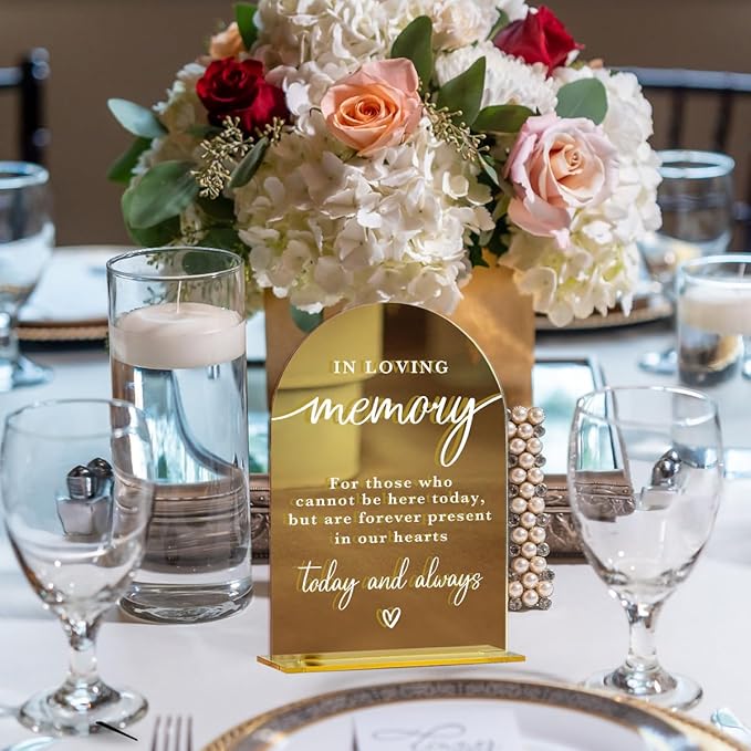 Acrylic Wedding Sign, Bridal Shower Decorations, In Loving Memory Sign for Ceremony, Modern Font Table Signs, Gold Mirror Arched Acrylic Tabletop Signs for Wedding Reception and Event Party