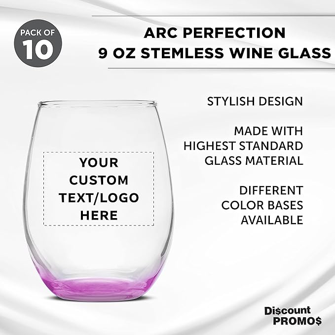 Custom Stemless Wine Glass 9 oz. Set of 10, Personalized Bulk Pack - Great for Wedding Favors, Bachelorette Party Decorations, Party Favors, Color Bottom - Pink