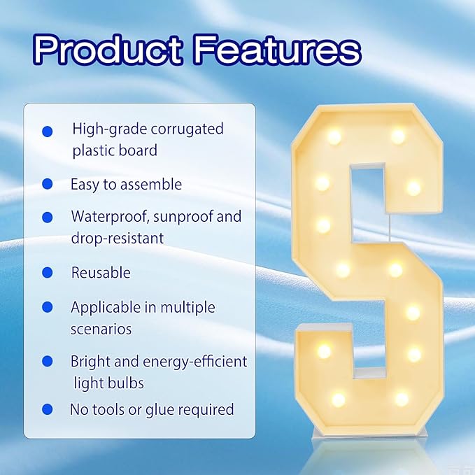4FT Marquee Plastic Letters S - Light up Letters S Are Made from Corrugated Plastic Board - Quick Assembly Without Tools, Disassembled Components Can Be Used for Garage Sale Signs, Yard Sale Signs