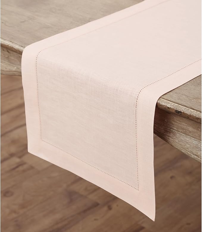 Solino Home Linen Pink Table Runner 90 Inches Long - 100% Pure Linen Hemstitch 14 x 90 Inch Table Runner for Dining and Halloween - Classic Hemstitch