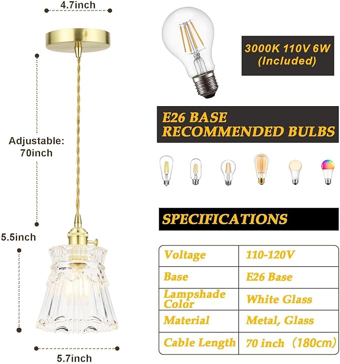 Vintage Pendant Light - Gold Hanging Lamp with French Floral Glass Shade, 70-Inch Adjustable Cord for Kitchen Island, Dining Room, Bedroom, Over Table (Hardwired)