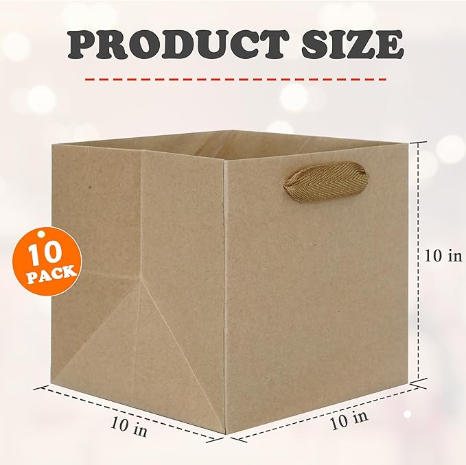 ADIDO EVA Kraft Brown Square Gift Bags Medium Size Square Bottom Paper Bags with Handles for Party Favor, Shopping Packaging Bags (10x10x10 IN, 10 CT)