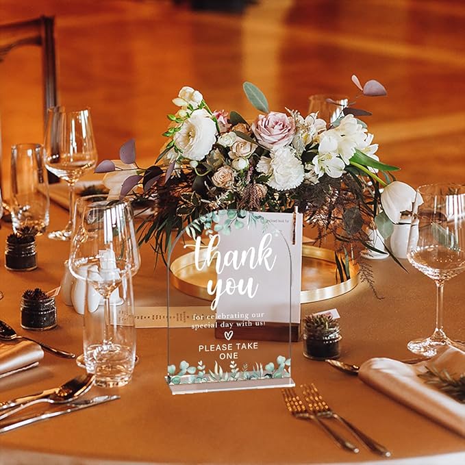 Acrylic Wedding Sign Thank You Signs for Ceremony Modern Calligraphy Arch Acrylic Table Top Signs for Wedding Reception and Event Party Table Decor (Eucalyptus Leaves)