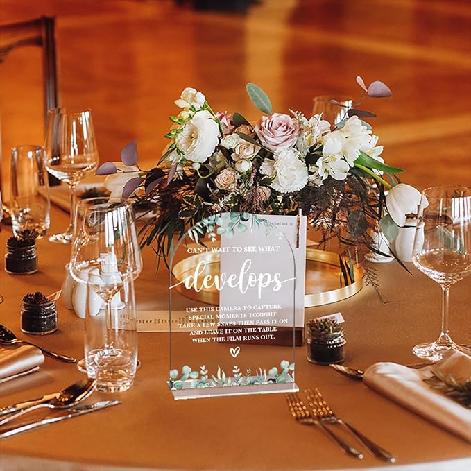 Acrylic Wedding Sign Can't Wait to See What Develops Signs for Ceremony Modern Calligraphy Arch Acrylic Table Top Signs for Wedding Reception and Event Party Table Decor (Eucalyptus Leaves)