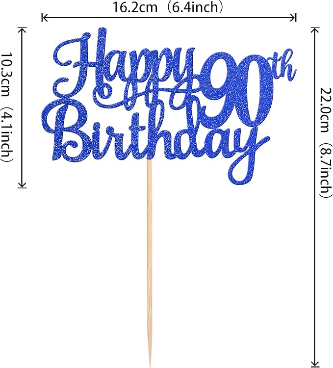 1 PCS Happy 90th Birthday Cake Topper Glitter Cheers to 90 Years Birthday Cake Pick Ninety 90 Fabulous Cake Decoration for Happy 90th Birthday Theme Party Decorations Supplies Blue