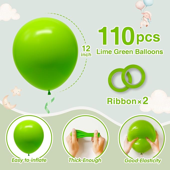 110pcs Lime Green Balloons 12 Inch Light Green Latex Balloon Arch Kit for Birthday Baby Shower Anniversary Graduation Wedding Party Decorations