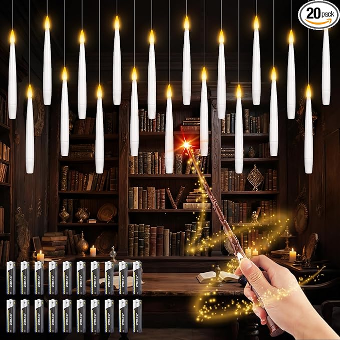 Halloween Decorations, 20 Pcs Floating Candles with Wand Remote, Battery (indluded) Operated Magic Wand Hanging LED Candles, Flameless Flickering Taper Candles for Halloween Christmas Decor Birthday