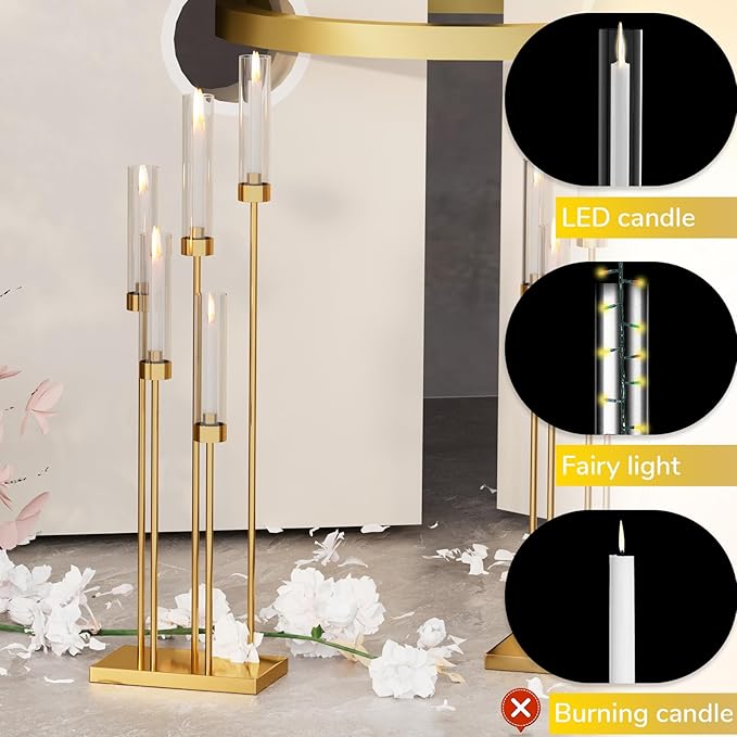42.5'' Floor Candelabra 5 Arm Candelabra Centerpieces for Tables Gold Candle Sticks Holder 4 Set Tall Metal Candlestick with Acrylic Lampshades for Home Christmas Party (Square)