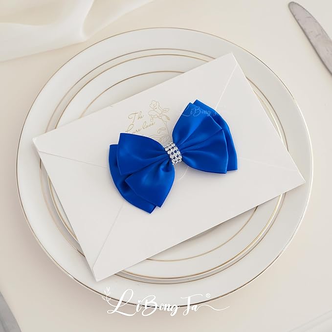 Royal Satin Bows 4'' Premade Blue Ribbon Bow, Gift Bows with Rhinestone, Wrapping Bows for Presents, Greeting Cards, Treat Bags, Wine Bottles, Valentines Bows for Gift Wrapping-12 Counts
