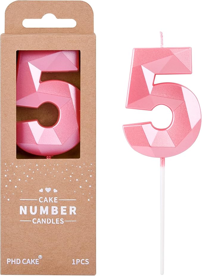 PHD CAKE 2.76 Inch Crystal Pink 5 Number Birthday Candles, Pink Number Candles, Cake Number Candles, Party Celebration