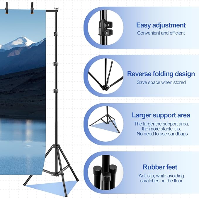 Backdrop Stand 10x6.6ft(WxH), Photo Studio Adjustable Background Stand Support System Kit with 8 Crossbars, 8 Clamps and Carrying Bag for Parties, Wedding, Photography, Decoration