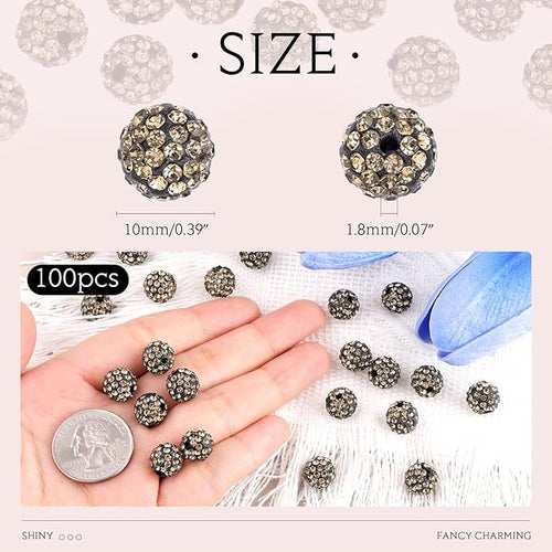 100pcs 10mm Rhinestone Beads for Jewelry Making, Gray Shiny Round Shamballa Disco Ball Beads Bulk, Sparkle Crystal Clay Christmas for Bracelet Baseball Necklace Earring Crafting and DIY