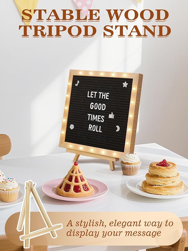 Light up Changeable Felt Letter Board Sign with LED Lights - 10×10" Message Board & Wood Stand & 450 Letters, for Halloween/Birthday/Event/Pregnancy/Baby Announcement/Home Wall Decor Gifts, Black