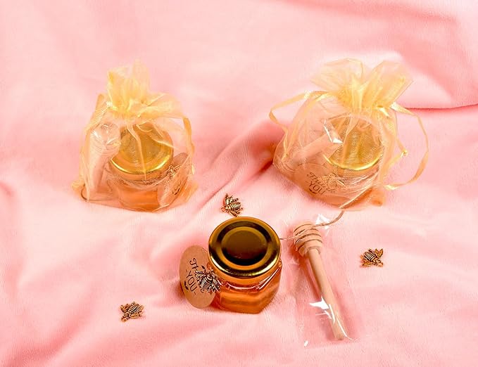 Adabocute Mini Honey Jars - Honey Pot With Honey Dipper, Bee Pendants, Jutes, Tags and Gold Organza Bags - Perfect For Baby Shower Favors, Party Favors and Wedding Favors, 40 Pack 1.5oz