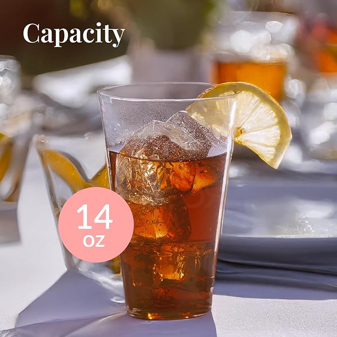 Prestee 100 Clear 14 Ounce Plastic Cups - Hard Plastic Disposable Tumblers for Wine, Cocktails, Water, and Beer - Sturdy Large Clear Cups for Parties, Weddings, Events - Reusable or Disposable