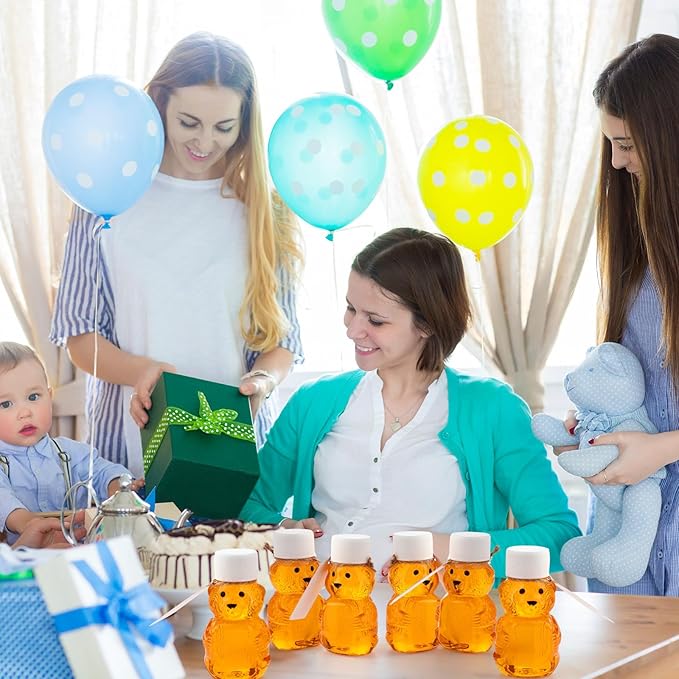96 Sets 2 oz Plastic Honey Bear Bottle Bear Shape Clear Empty Honey Jar 96 Tags 2 Rolls Jute Rope Honey Containers Empty Honey Dispenser for Baby Shower Party Favors Gifts (White Lid)