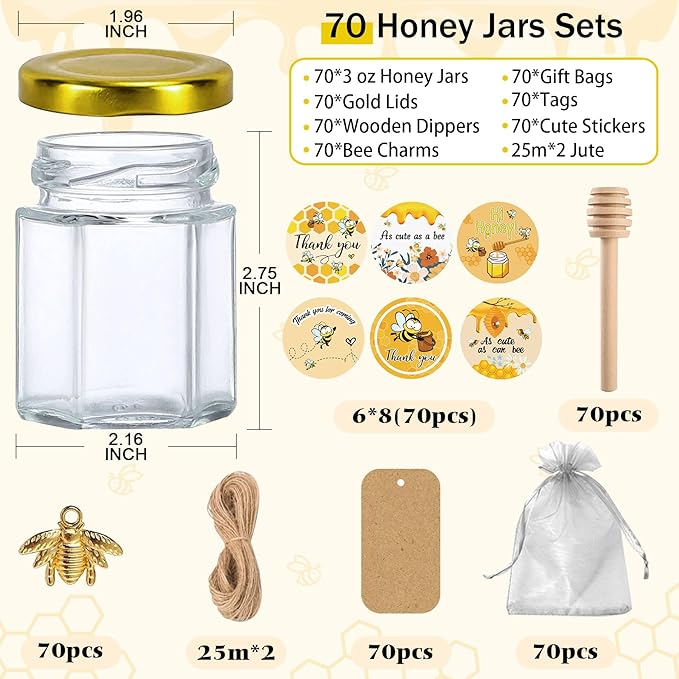 Aliggbent 70 Pack Small Honey Jars for Party Favors in Bulk, 3 oz Mini Hexagon Glass Honey Jars with Dippers, Lids, Cute Stickers, Bee Charms, Gift Bags and Jute for Baby Showers, Weddings, Birthdays