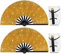 13" Large Folding Rave Fan with Holster, Clack Hand Fans Foldable for Line Dancing, Boots On The Ground Fan for Women Men Festival EDM Party Decoration, Glitter Glod 2 Pack