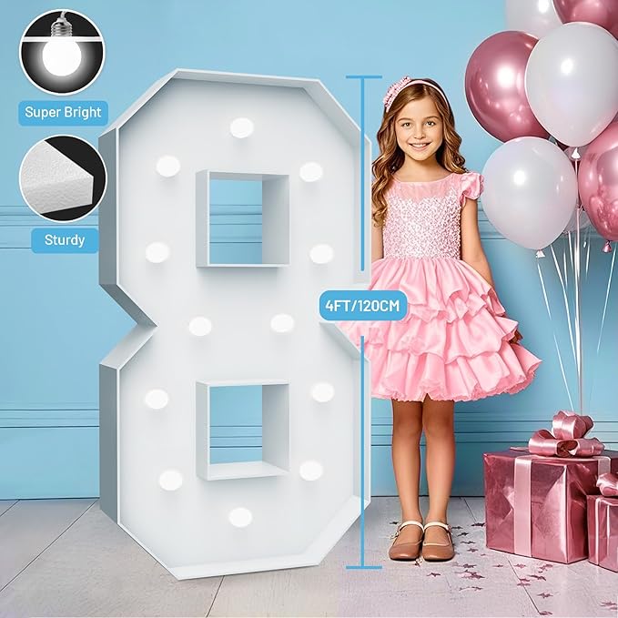 4FT Marquee Light Up Numbers - Cool White Light Up Numbers 8 with Fixed Water Bag, Party Decoration Large Marquee Light Up Numbers can Be Used for Wedding Decoration, Birthday Party Decoration