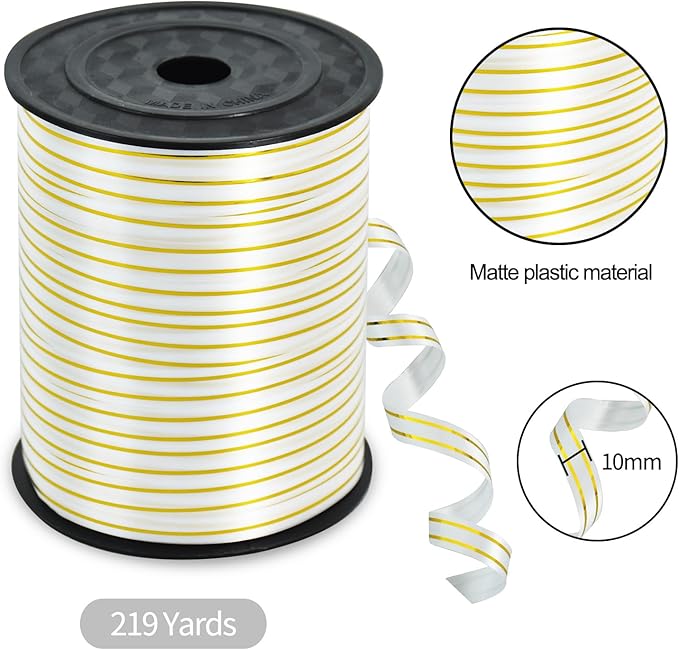 TONIFUL Curling Ribbon-White Gold Balloon Curling Ribbons-250 Yards Balloon String for DIY Decor,Gift Wrapping,Ribbons and Bows for Christmas New Year Birthday Gifts Graduation Supplies